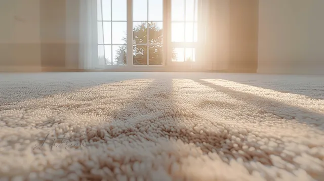 Beige carpet texture in a bright empty room with warm sunlight streaming through a window.