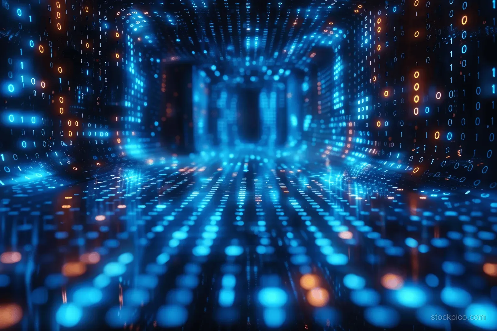 Blue glowing binary numbers form a digital tunnel with bright code lines.