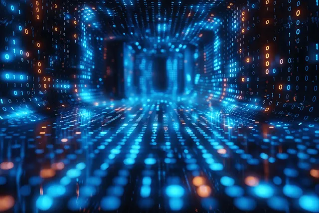 Números binarios azules brillantes forman un túnel digital con líneas de código luminosas.