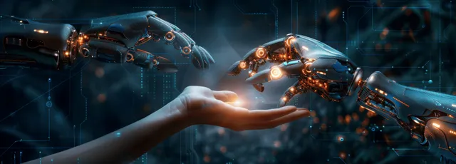 Human and robotic hands reach toward each other, connected by glowing data streams symbolizing AI innovation and future technology.
