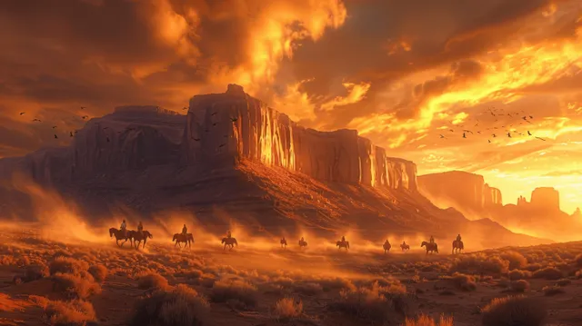 Cowboys on horseback ride through dusty desert toward towering cliffs as sunset clouds glow overhead.