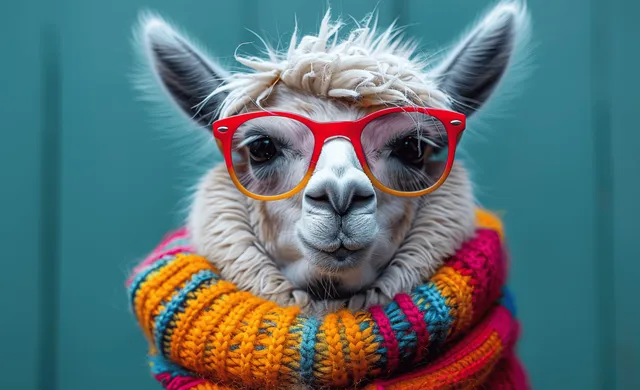 Llama wearing red glasses and a colorful knitted scarf in a cozy portrait