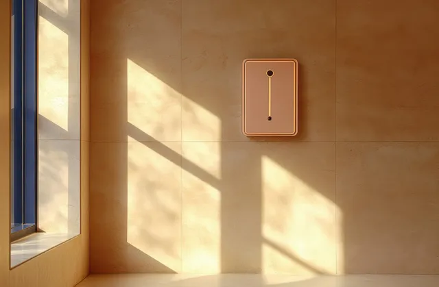Warm sunlight creates geometric shadows on beige tiles while a rectangular wall fixture stands on the wall.