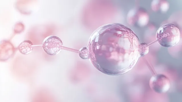 Transparent spherical droplet surrounded by glowing molecular structure beads on a soft pastel blur background.