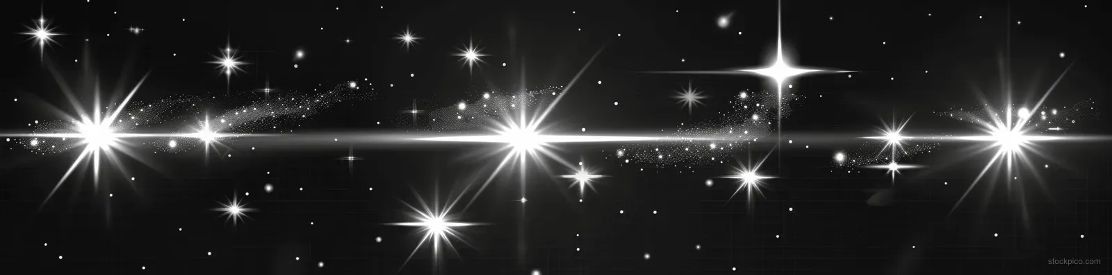 Multiple white star bursts with lens flare rays and sparkling specks across a dark backdrop.