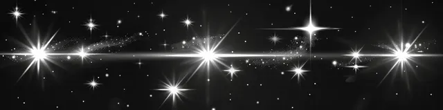 Vários clarões de estrelas brancas com raios de reflexo de lente e pontos cintilantes sobre um fundo escuro.