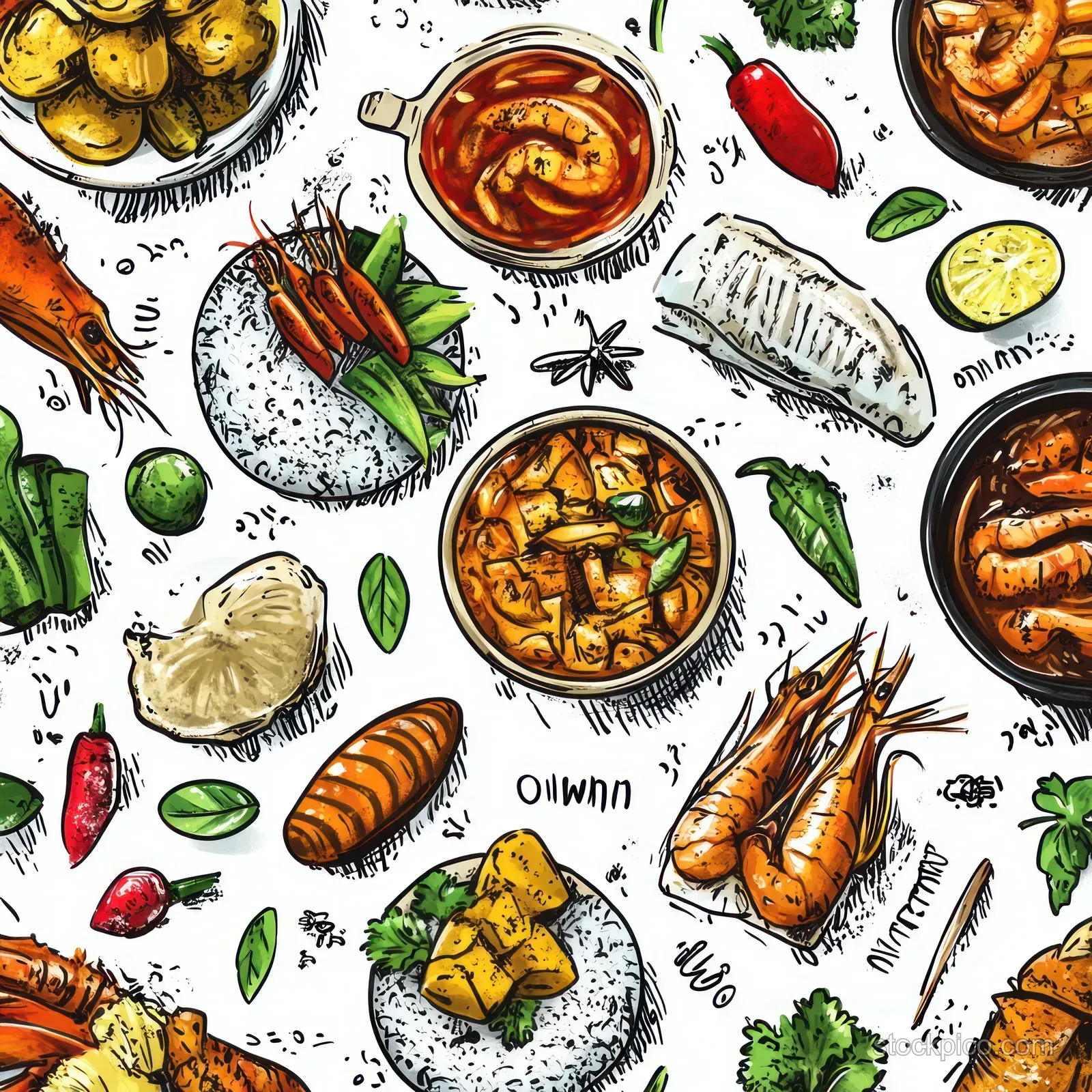 Seamless hand-drawn Thai food pattern with bowls, noodles, herbs, chilies, and desserts on a white background.