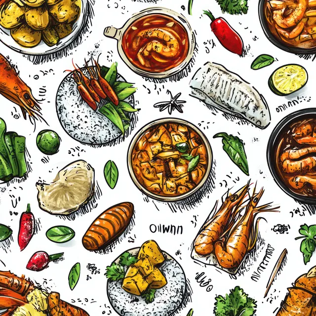 Patrón sin costuras de comida tailandesa dibujado a mano con cuencos, fideos, hierbas, chiles y postres sobre un fondo blanco.
