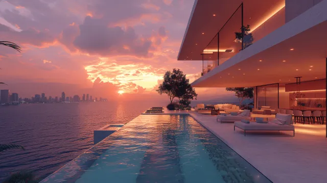 Infinity pool reflects a sunset over ocean water and a distant city skyline behind glass-front villa windows.