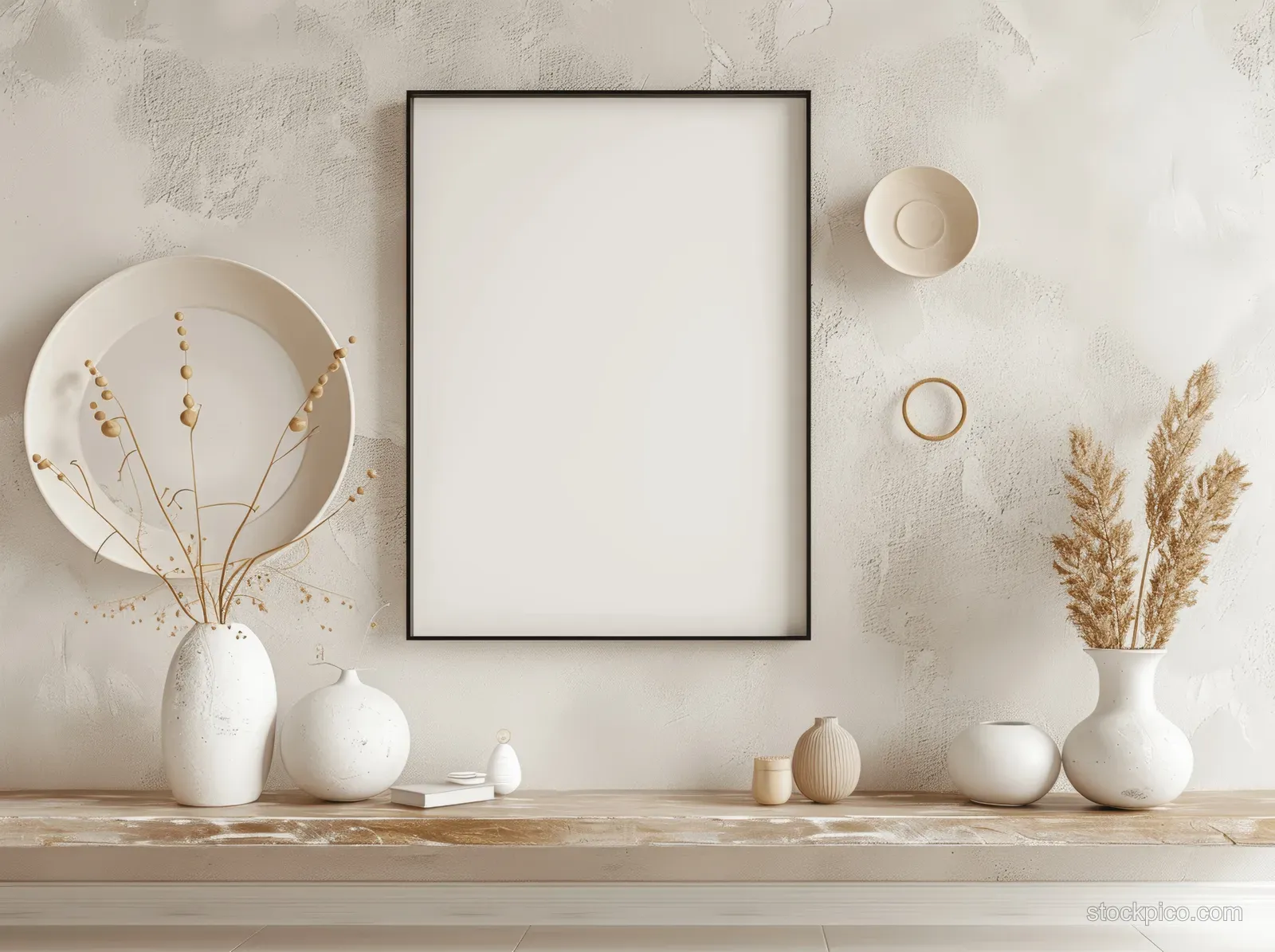 Blank poster frame on a white wall above a wooden console decorated with small vases and dried grass.