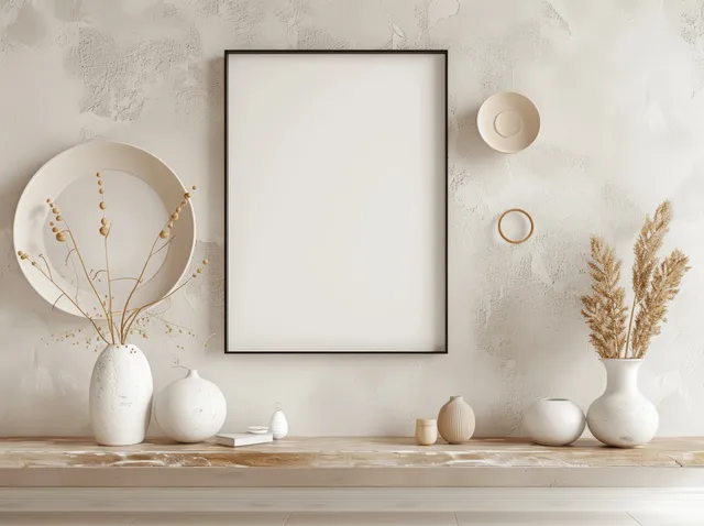 Blank poster frame on a white wall above a wooden console decorated with small vases and dried grass.