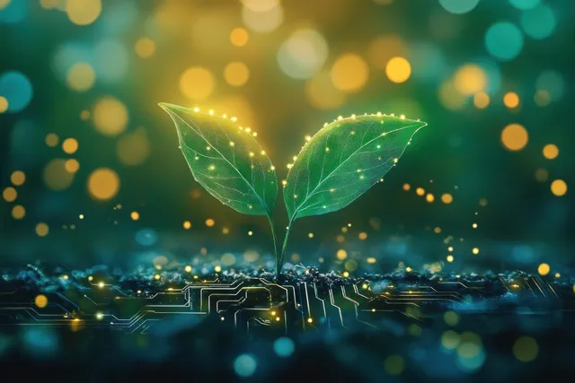 A glowing circuit network illuminates a young plant seedling amid green bokeh light particles.
