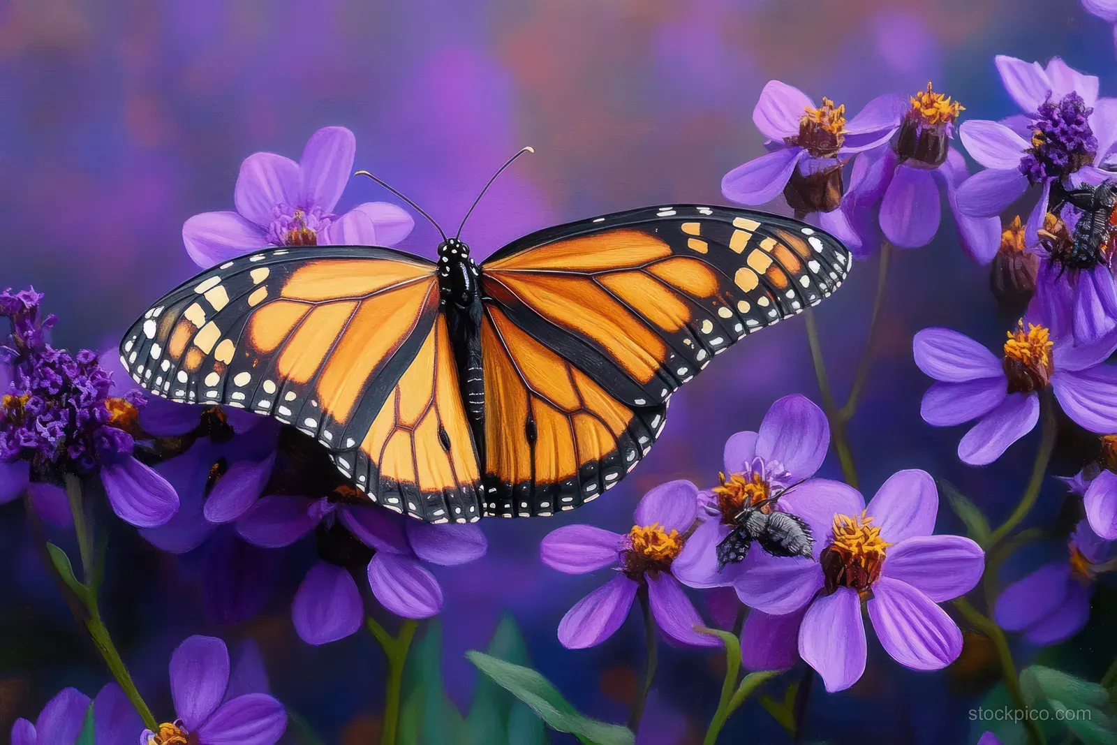 A monarch butterfly feeds on purple aster flowers in a sunlit garden with blurred autumn colors behind it.