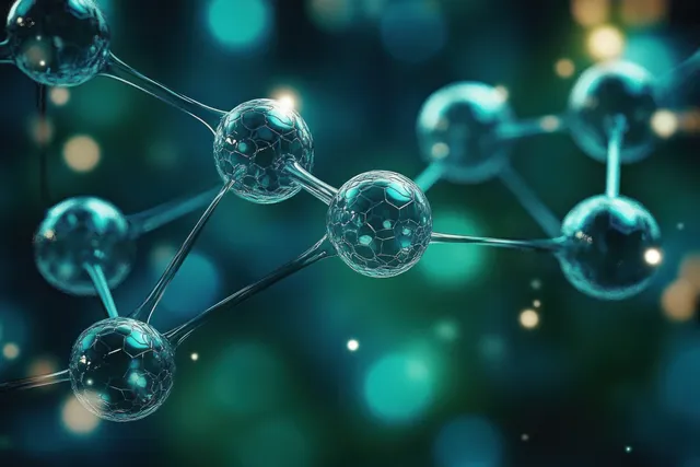 Connected glowing transparent spheres suggest molecular structure in dark teal bokeh light