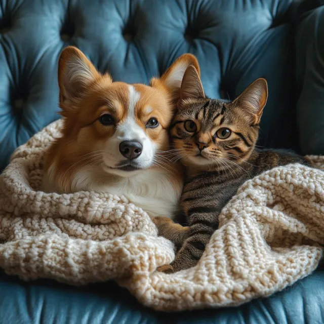 A corgi dog and tabby cat lie together under a knitted beige blanket on a dark blue tufted leather sofa.