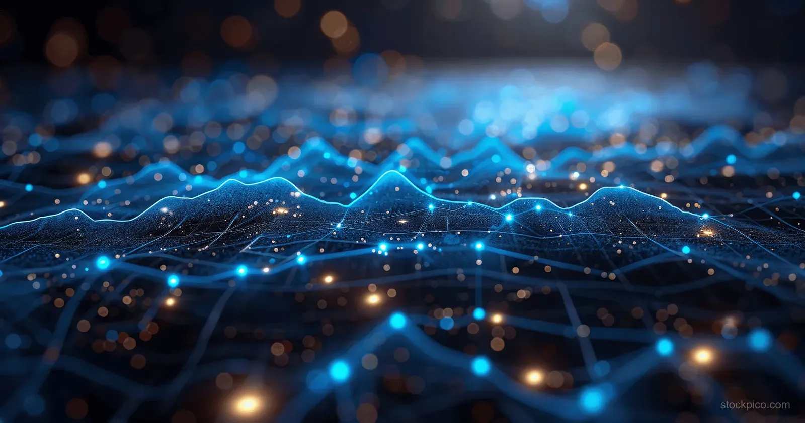 Glowing network lines and nodes overlay a rising stock chart on a dark trading interface background.