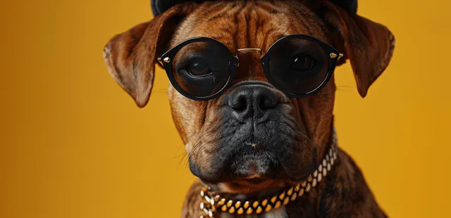 Cute brown dog posing as a gangster rapper wearing sunglasses, gold chain, and cap