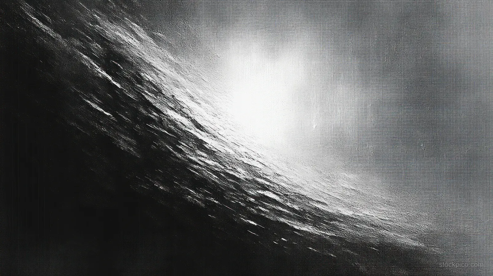 Bright light illuminates a rough grayscale textured surface with wavy grooves, casting sharp highlights and shadows.