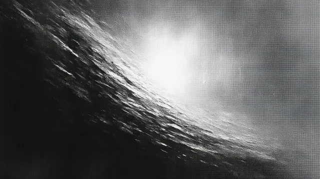Grayscale textured painting surface lit by a bright glow, emphasizing wavy grooves and contrast