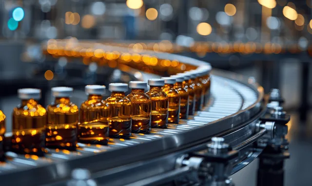 Gloved technicians inspecting amber medical vials on an automated pharmaceutical production conveyor.