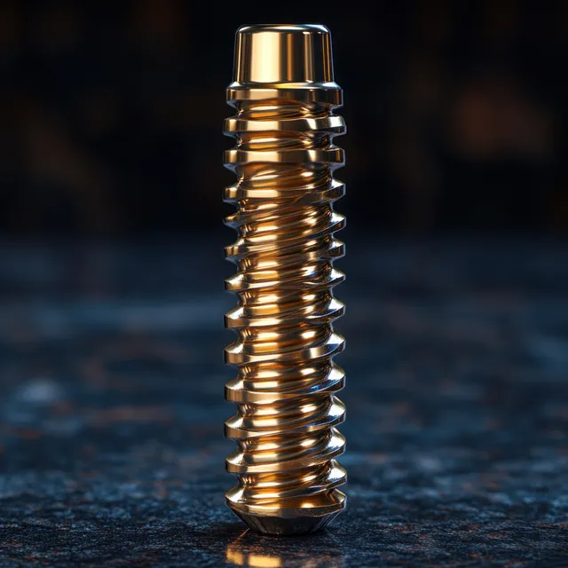 Golden screw upright in close-up with dramatic chiaroscuro lighting on a dark textured surface.