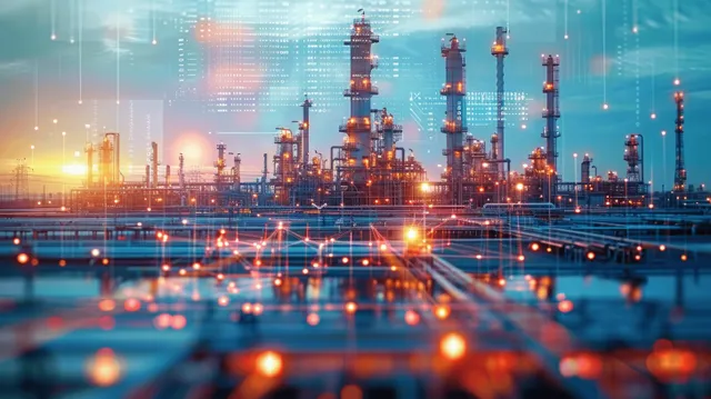 Futuristic oil refinery plant with glowing data charts over pipelines at dusk