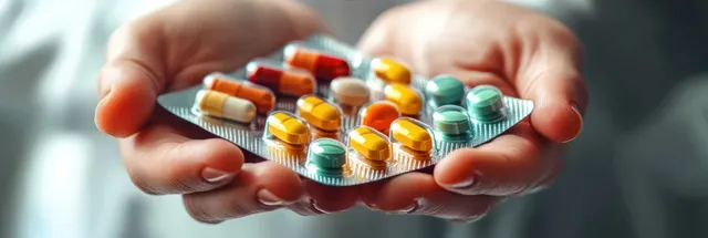 Hands hold a blister pack filled with assorted colorful capsules and pills with a softly blurred background.