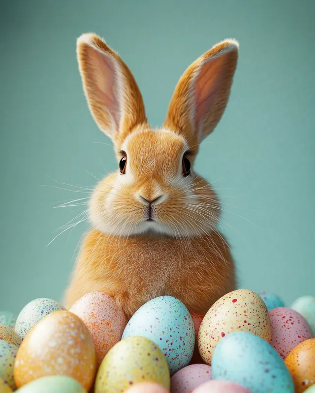 Fluffy orange bunny portrait behind speckled Easter eggs on a teal spring background