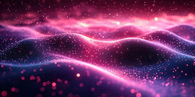 Pink and purple glowing particle waves ripple across a dark abstract background.