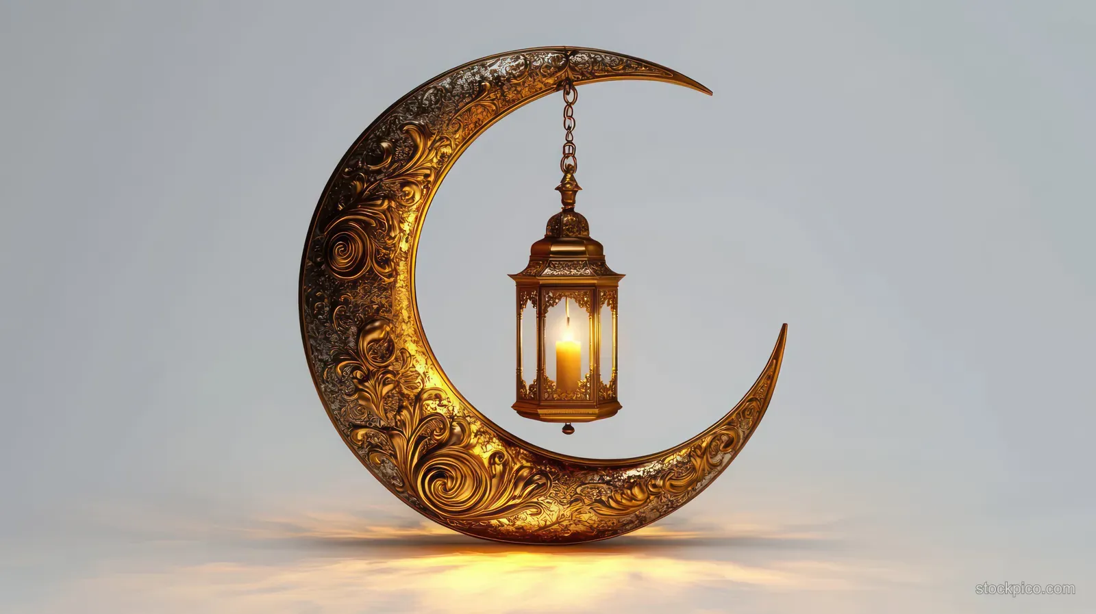 Ornate golden crescent moon sculpture with carved floral details holding a hanging lantern containing a lit candle.