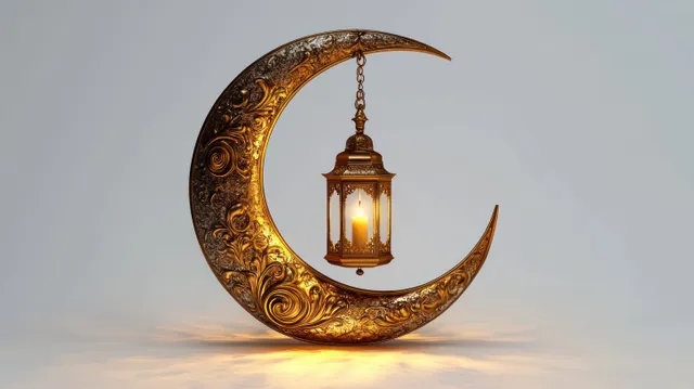 Ornate golden crescent moon sculpture with carved floral details holding a hanging lantern containing a lit candle.