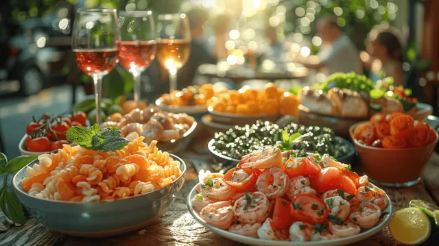 Italian seafood pasta bowls with shrimp, melon salad, and wine glasses at a lively table