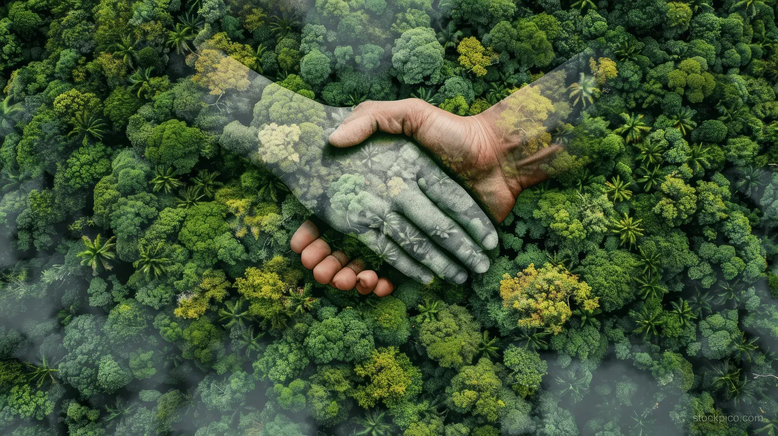 Two hands hold a lush forest canopy, symbolizing collaborative environmental protection and sustainability.
