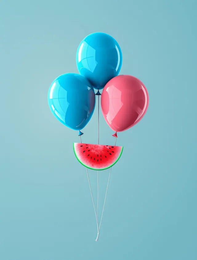 A watermelon slice hangs from blue and pink balloons floating above a turquoise background.