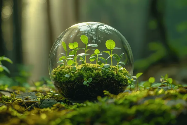 A glass orb terrarium holds young green plants and moss on a forest floor with soft green background blur.