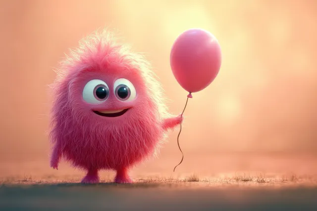 A fluffy pink cartoon monster smiles while holding a red balloon against a warm soft gradient background.