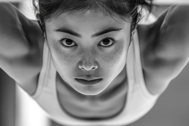 A Japanese female gymnast trains on a balance beam, captured in a grayscale close-up with focused eyes.