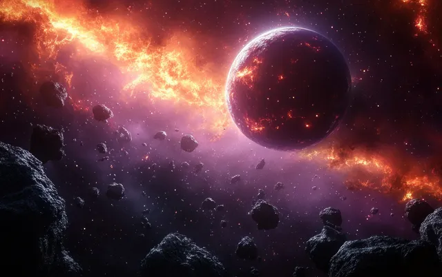 A glowing planet and drifting asteroids float in front of a purple-orange nebula in deep space.
