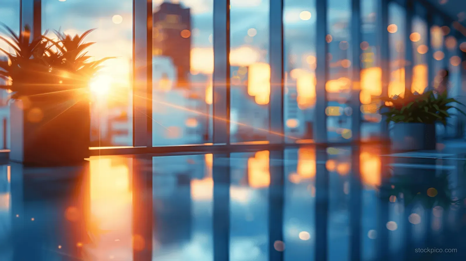 An empty modern office with glass windows and a table, lit by warm sunset reflections.