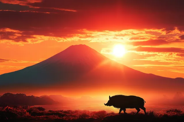Wild boar silhouette stands against Mount Fuji during a glowing orange sunset sky.