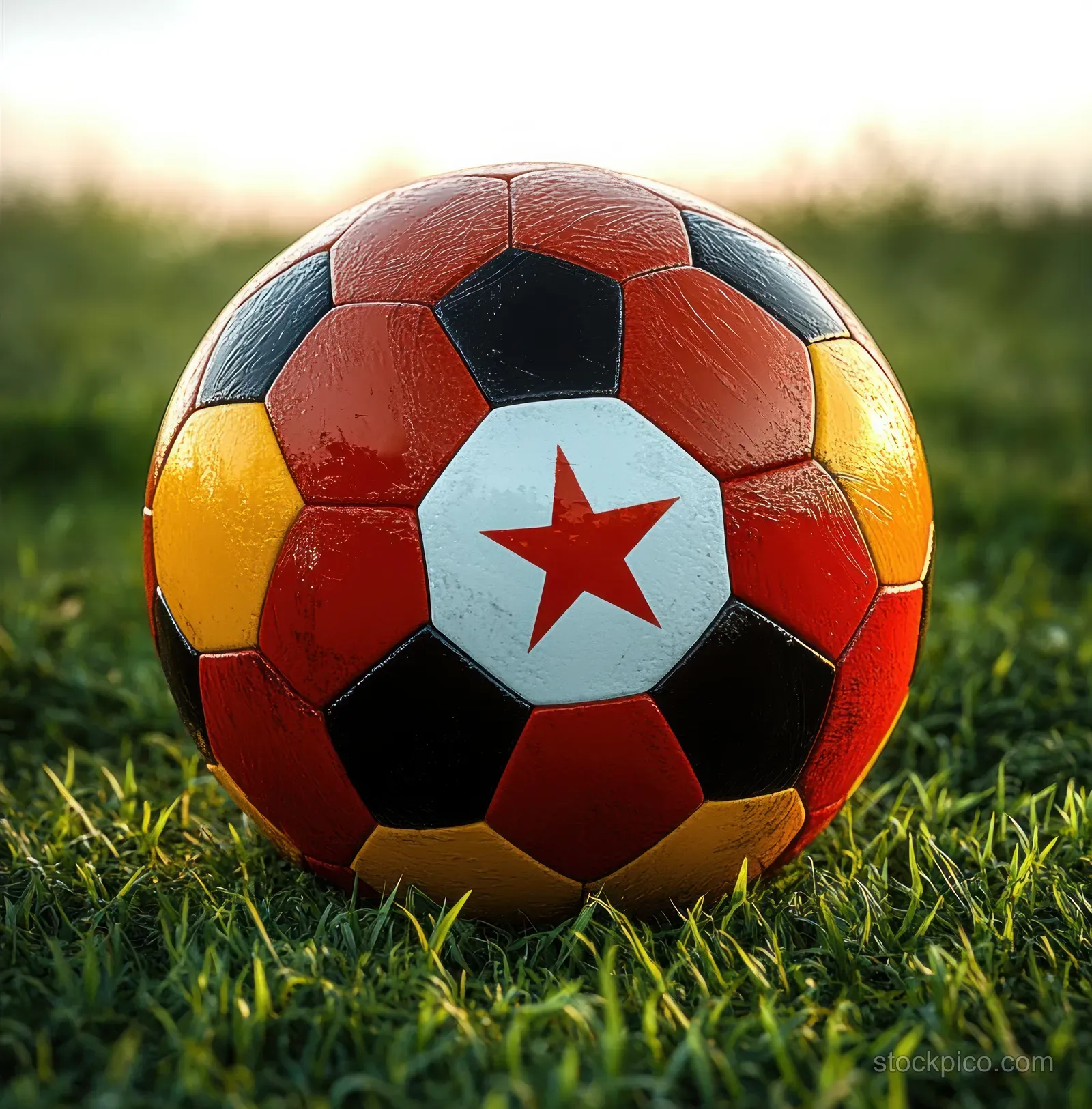 A soccer ball with an East Timor flag design rests on green grass under natural light.