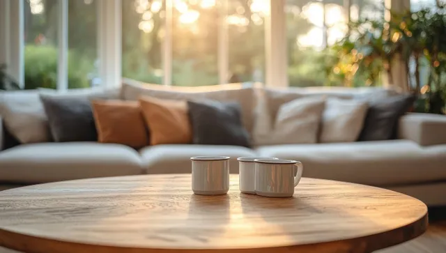 Warm sunlit living room with wooden round table holding two white ceramic mugs