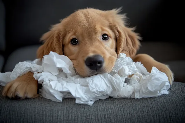 Golden retriever puppy lies on a gray couch surrounded by crumpled white tissues, gazing curiously indoors.