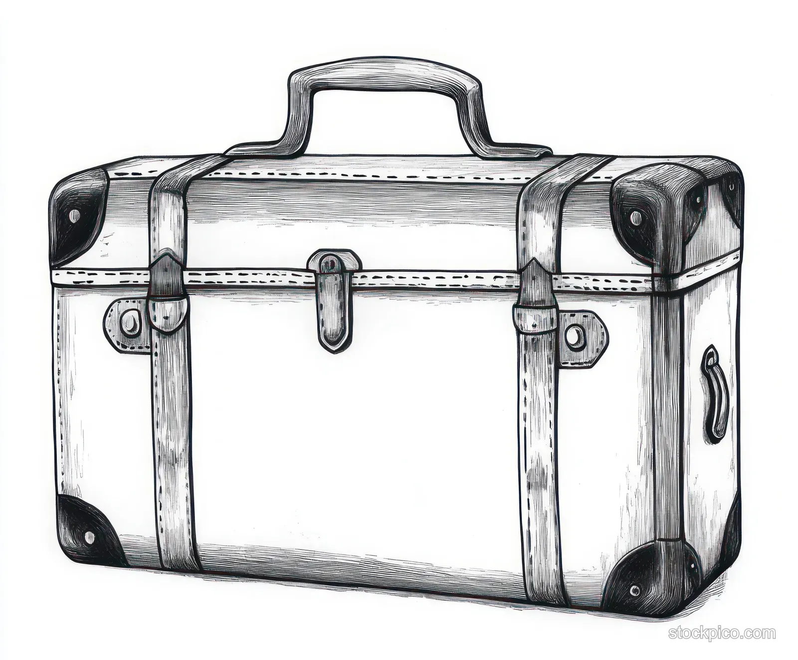 A black and white vintage suitcase illustration shows straps, corner protectors, and a central lock on a closed case.