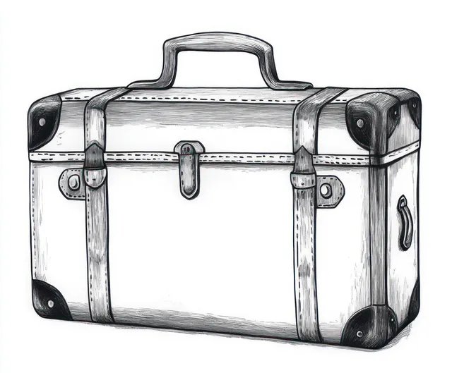 A black and white vintage suitcase illustration shows straps, corner protectors, and a central lock on a closed case.