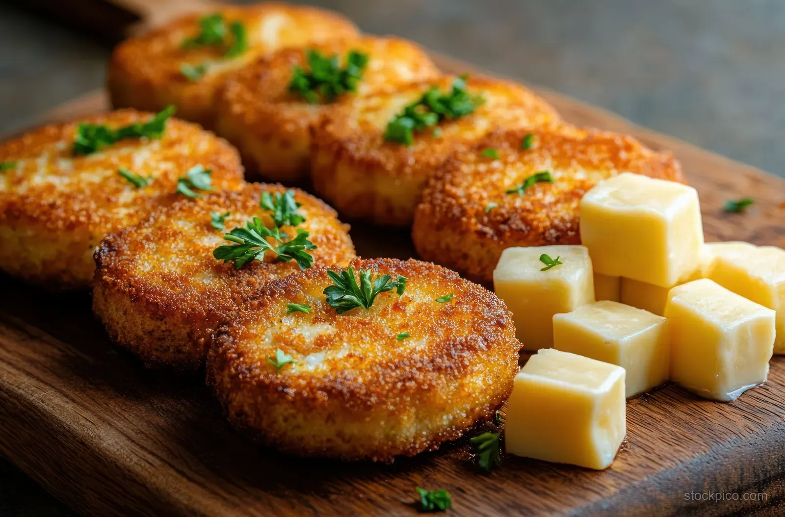 Golden crispy patties with parsley garnish are served on a wooden board next to stacked cheese cubes.