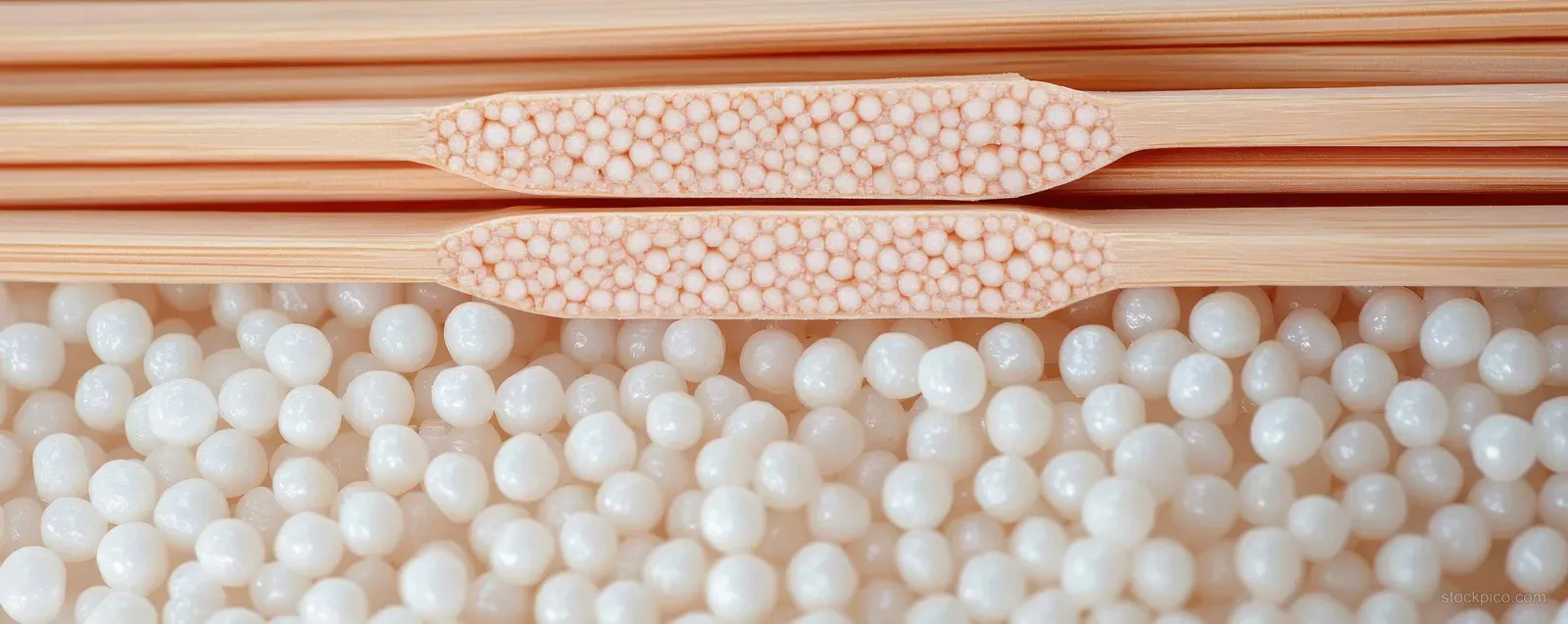 Close-up of smooth white wax beads for depilation with a wooden stick on a pink minimal background.