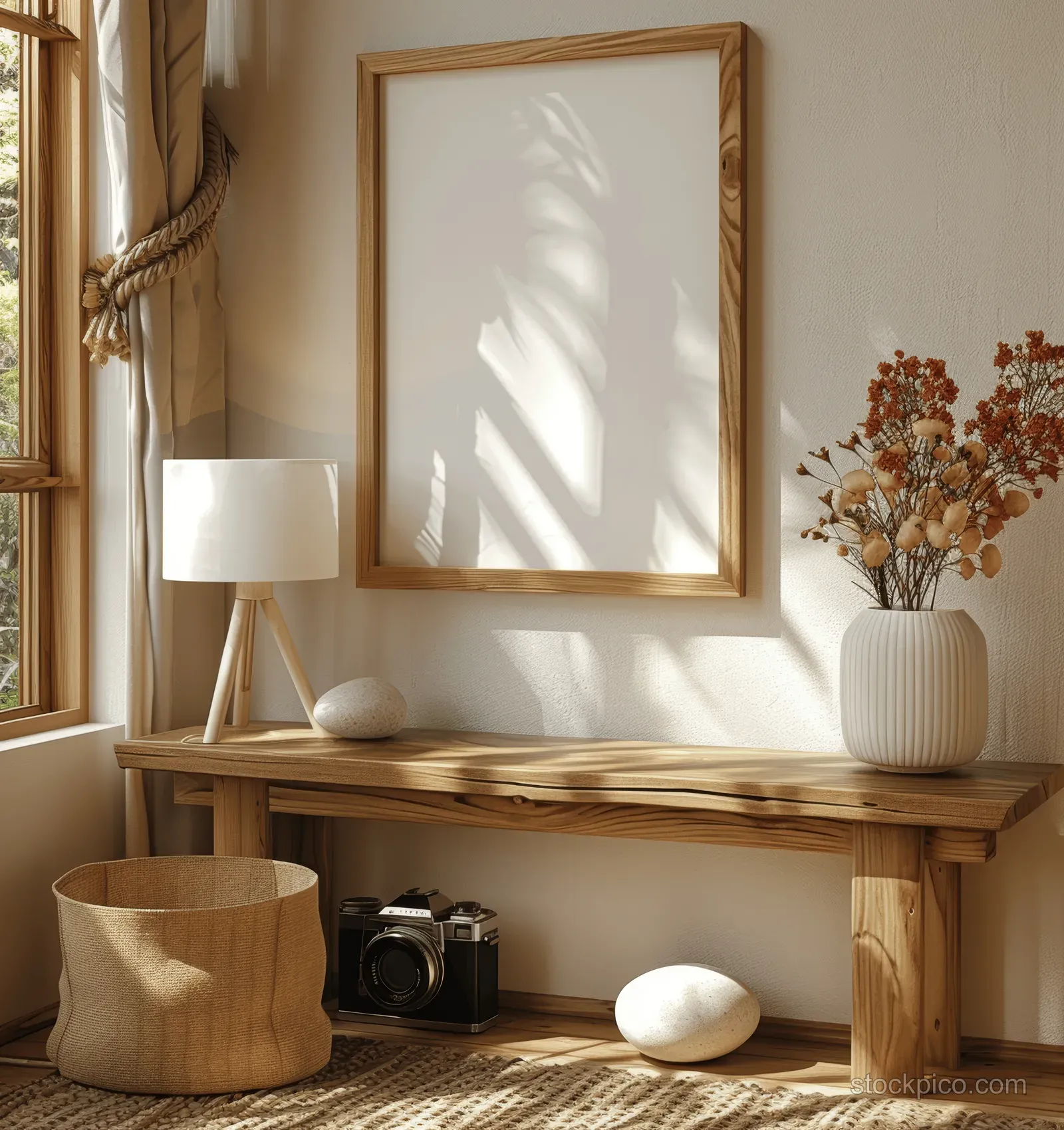A wooden A4 frame, pebble lamp, and vintage camera are arranged on a shelf near a sunny window with soft reflections.