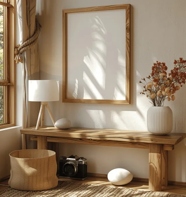 A wooden A4 frame, pebble lamp, and vintage camera are arranged on a shelf near a sunny window with soft reflections.