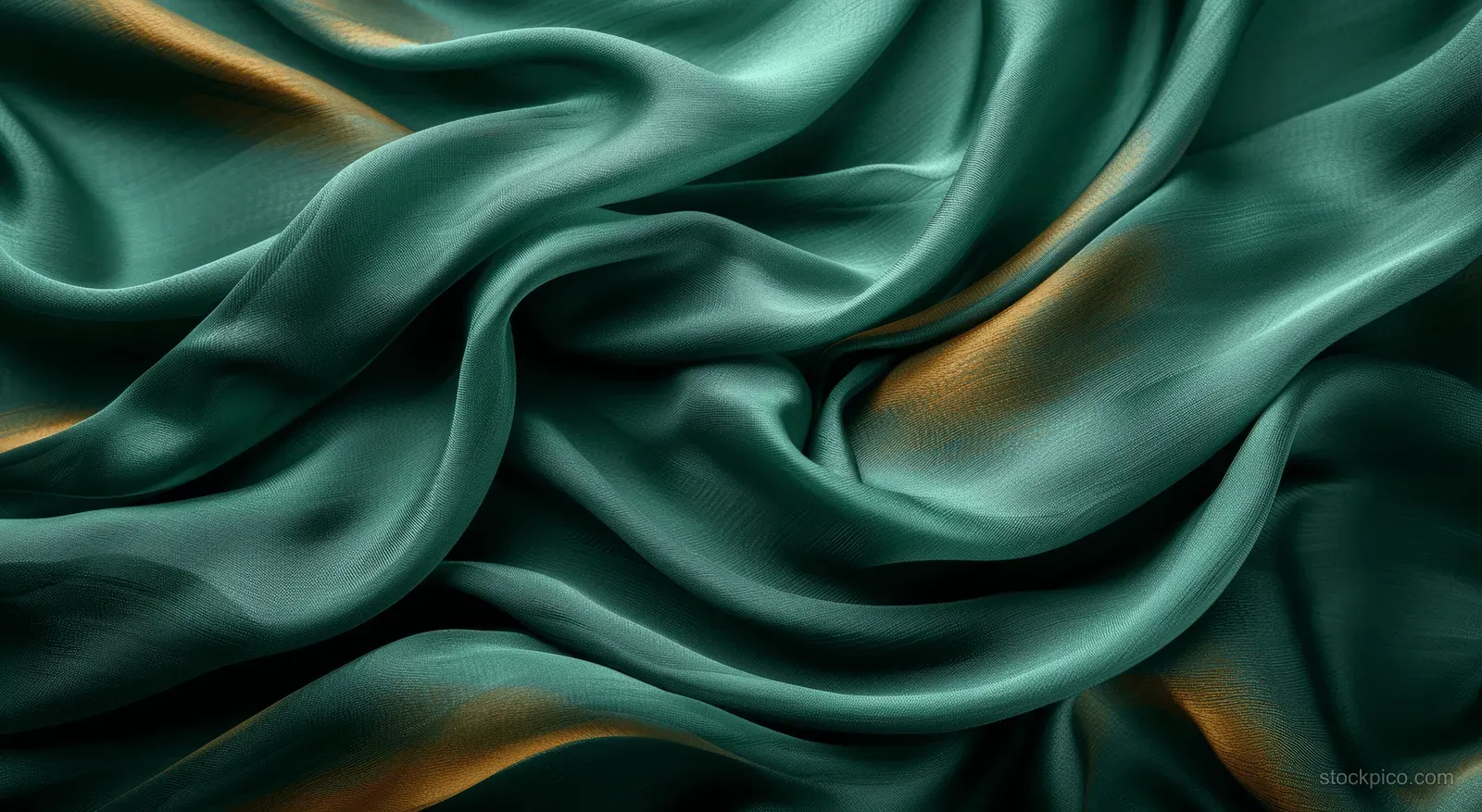 Dark green silk satin fabric fills the frame with flowing folds and glossy highlights.